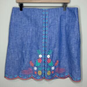 Talbots Petite Blue Linen Blend Embroidered Skirt Size 12P Tropical Floral
